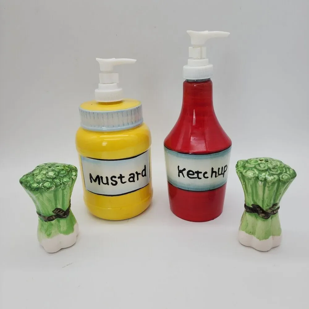 Pier 1 Imports Ceramic Ketchup Mustard Dispensers Salt Pepper Shakers Picnic Set
